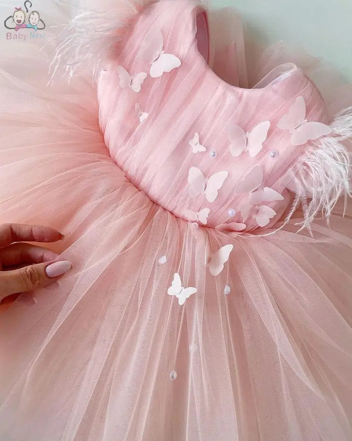 Feminine Pink Feather Sleeve Dress babynest