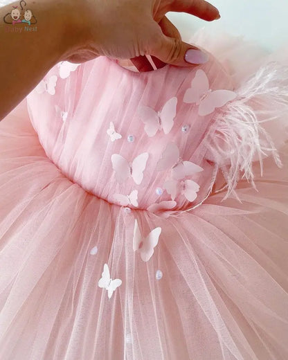 Feminine Pink Feather Sleeve Dress babynest