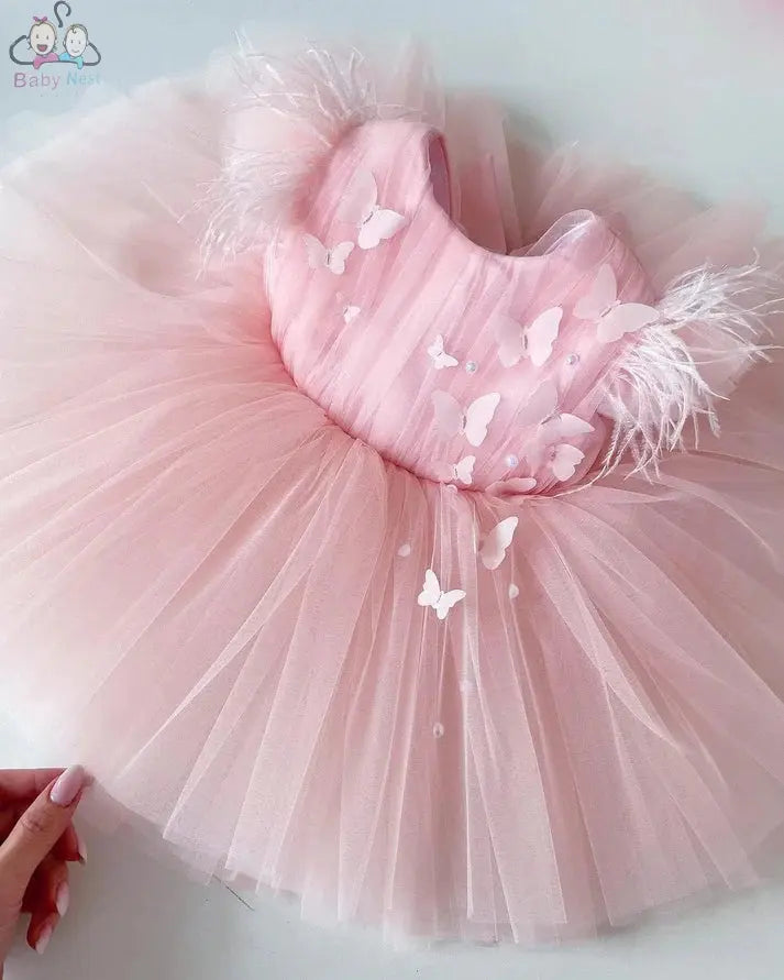 Feminine Pink Feather Sleeve Dress babynest